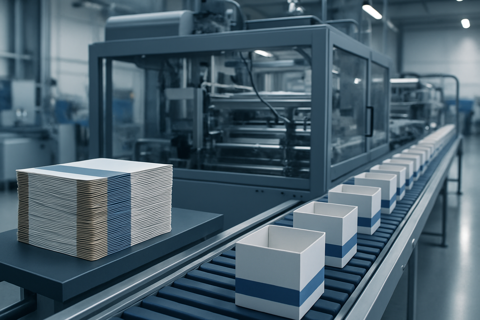 Packaging production line with printed cartons and containers