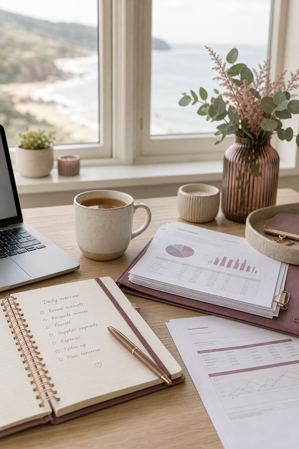 A calm remote business support consultation setting with organised documents, a notebook, tea and a soft coastal view in the background