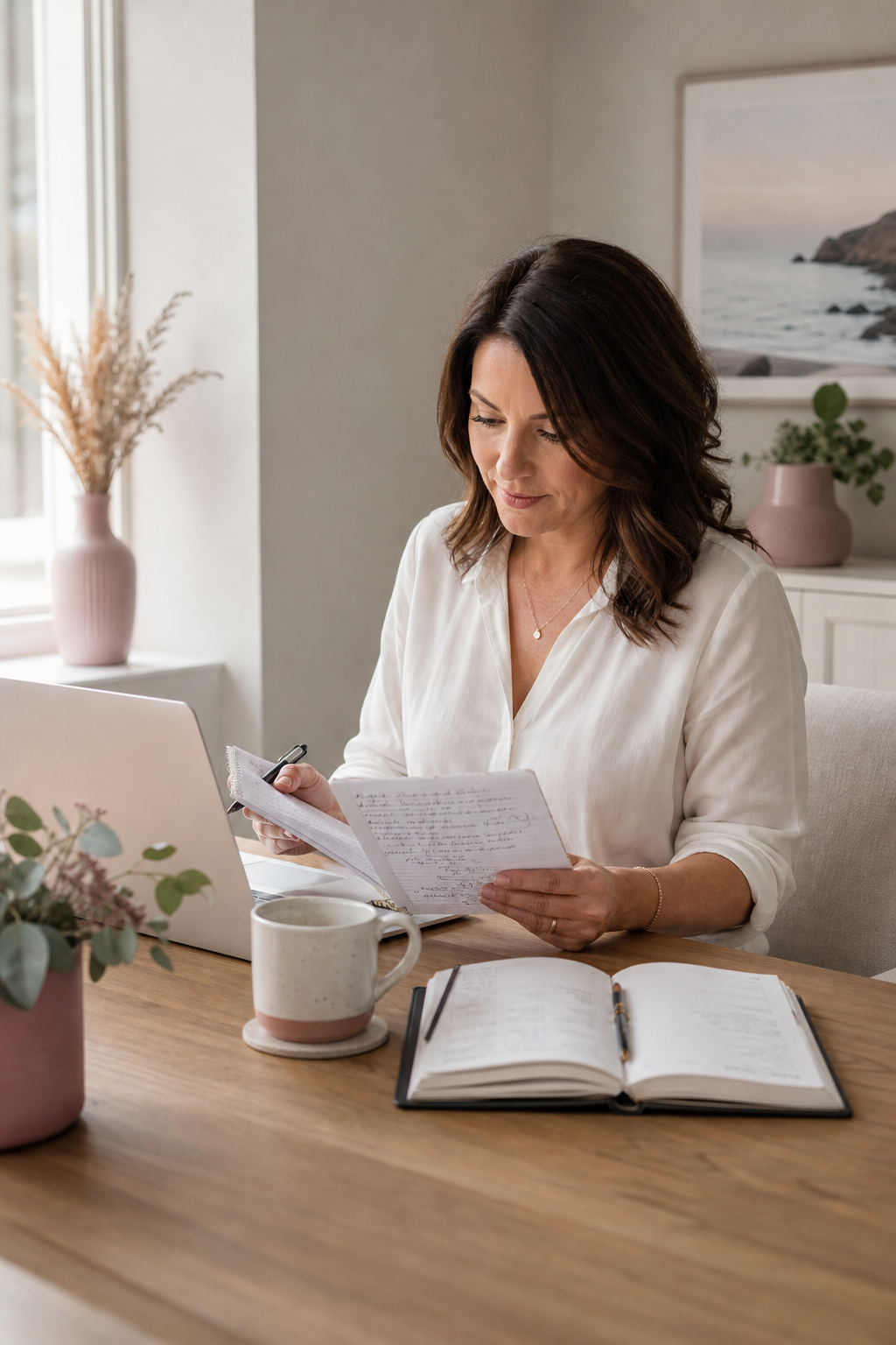 Business owner reviewing handwritten planning notes beside a laptop and coffee in a calm home office