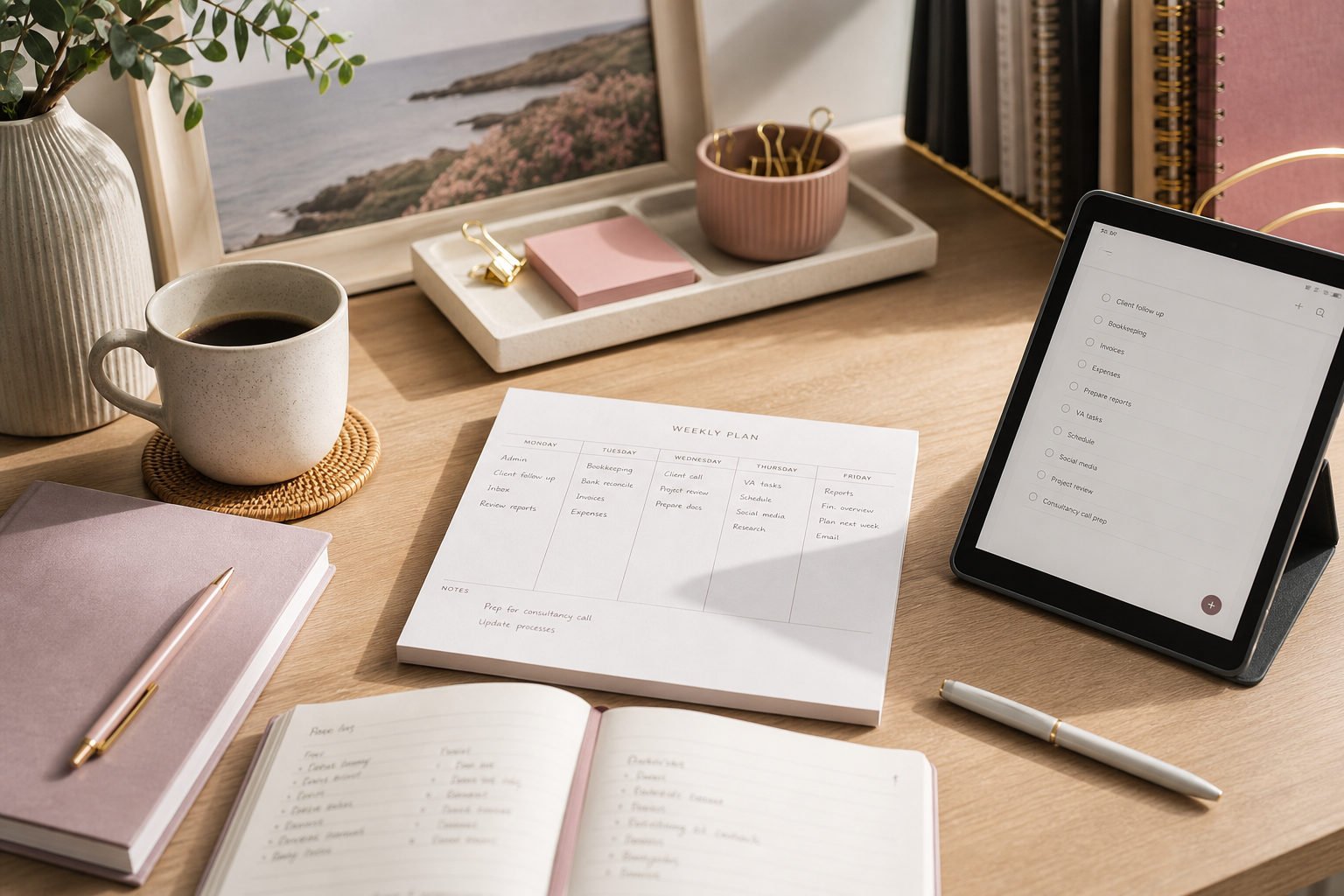 Tidy desk with printed weekly planner, notebook, coffee and tablet during a remote business planning session