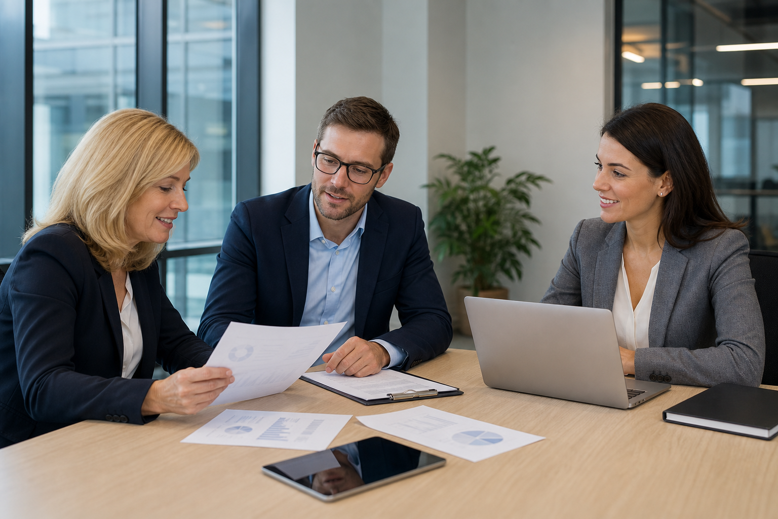 Professional business team in a modern office meeting around a conference table with laptops and documents