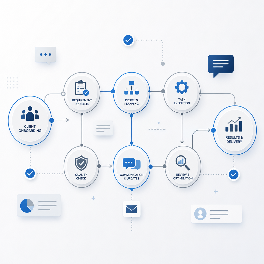 Clean corporate illustration of a process map with connected nodes, checkmarks, and message bubbles in blue and gray tones