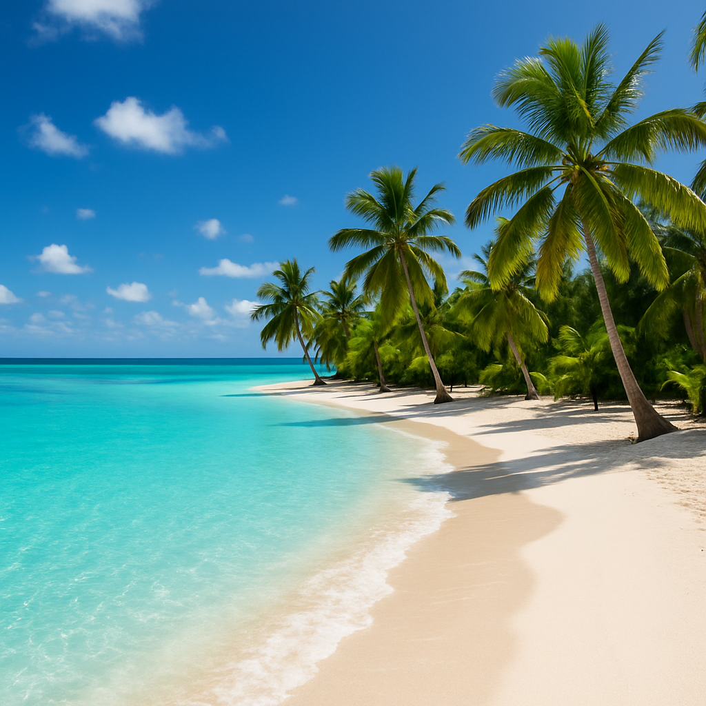 Turquoise lagoon with palm trees and white sand beach in bright sunlight