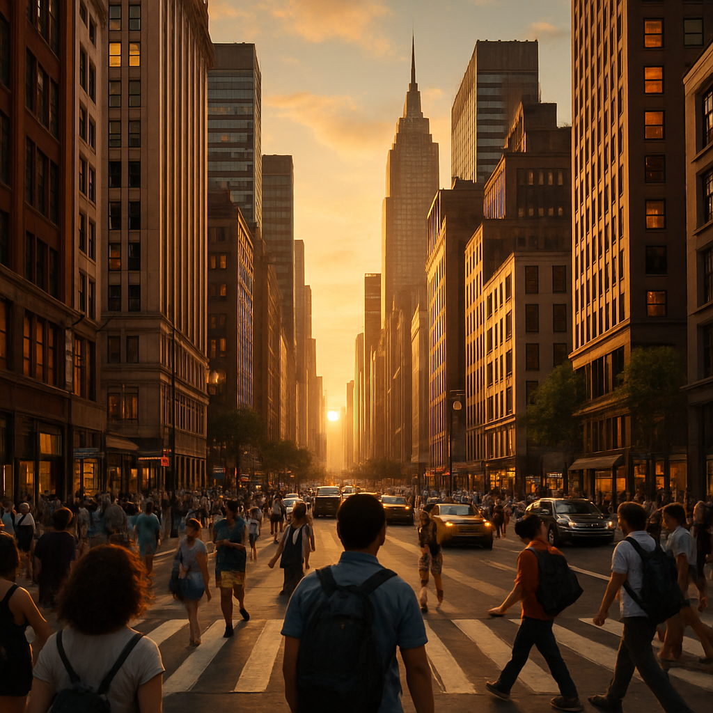 Bustling cityscape at golden hour with lively streets and tall buildings