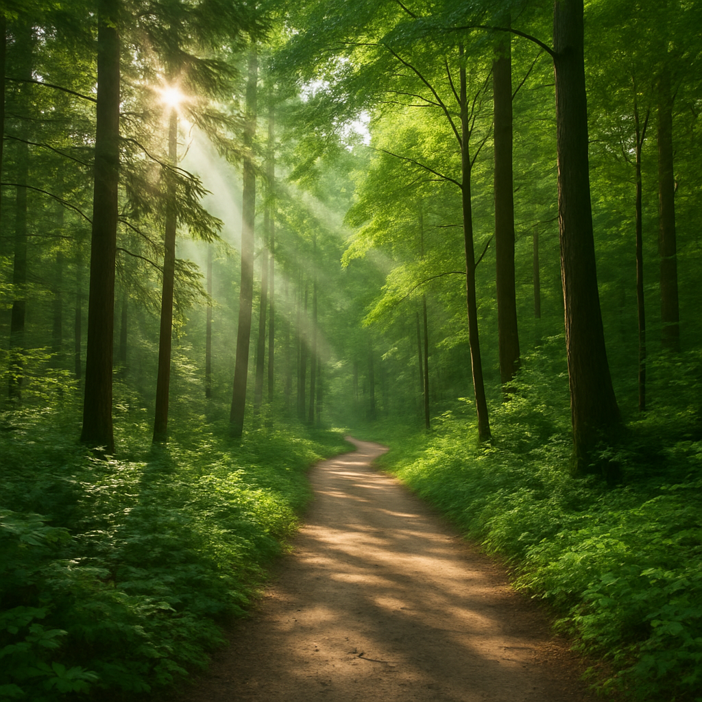 Lush green forest trail with sunlight streaming through tall trees