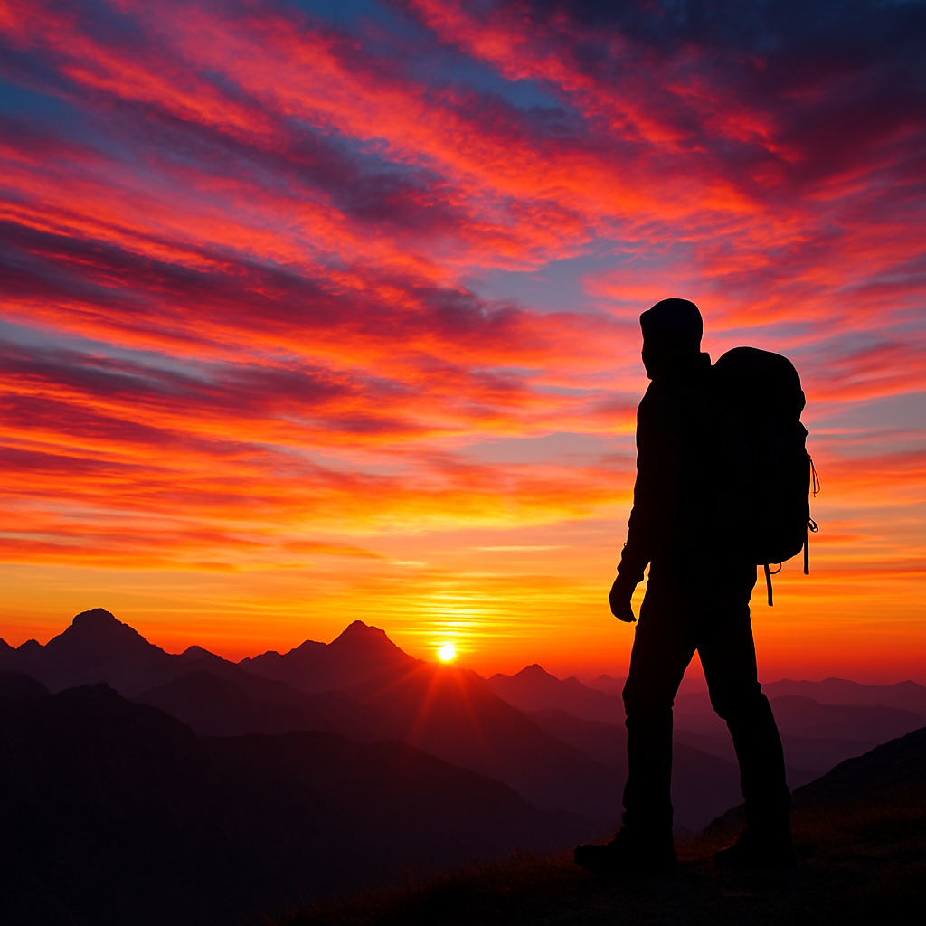 Colorful sunrise over mountain ridge with a hiker's silhouette