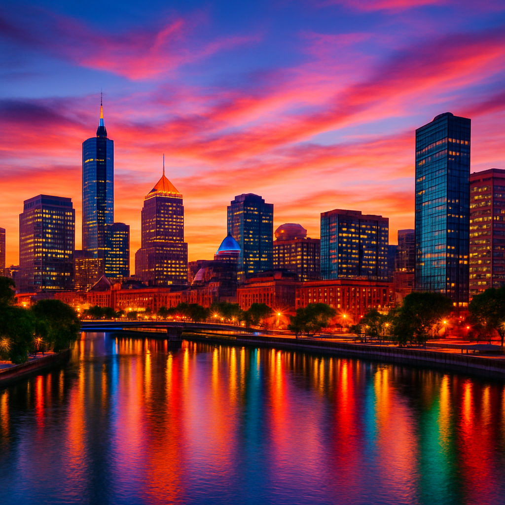 Vibrant city skyline at sunset with river reflections