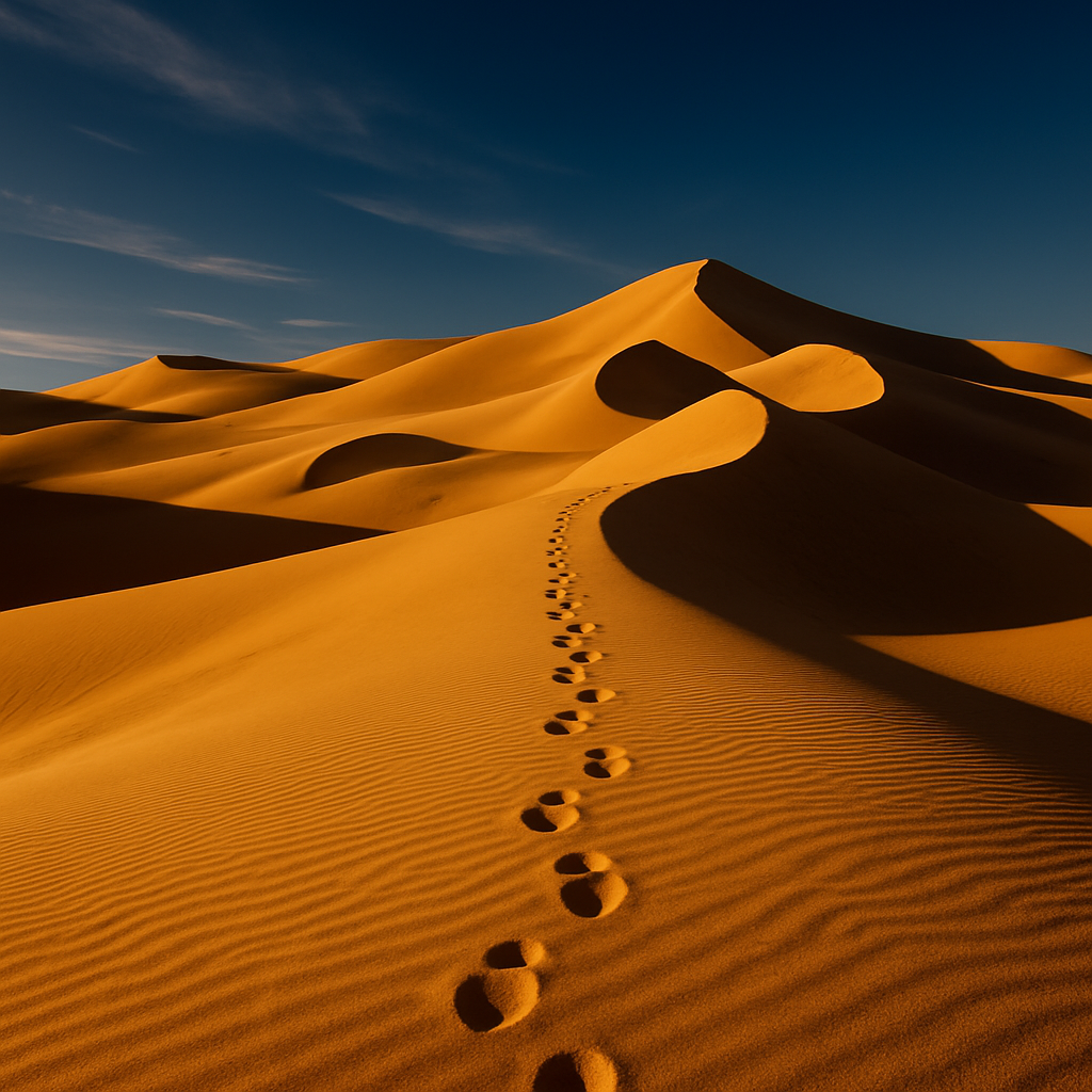 Rolling golden desert dunes under blue sky