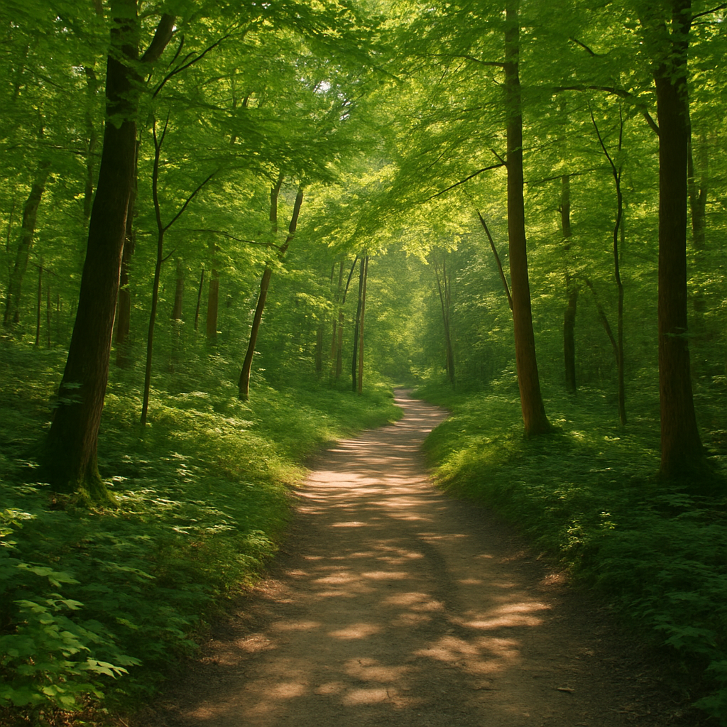 Sunlit forest trail through lush greenery