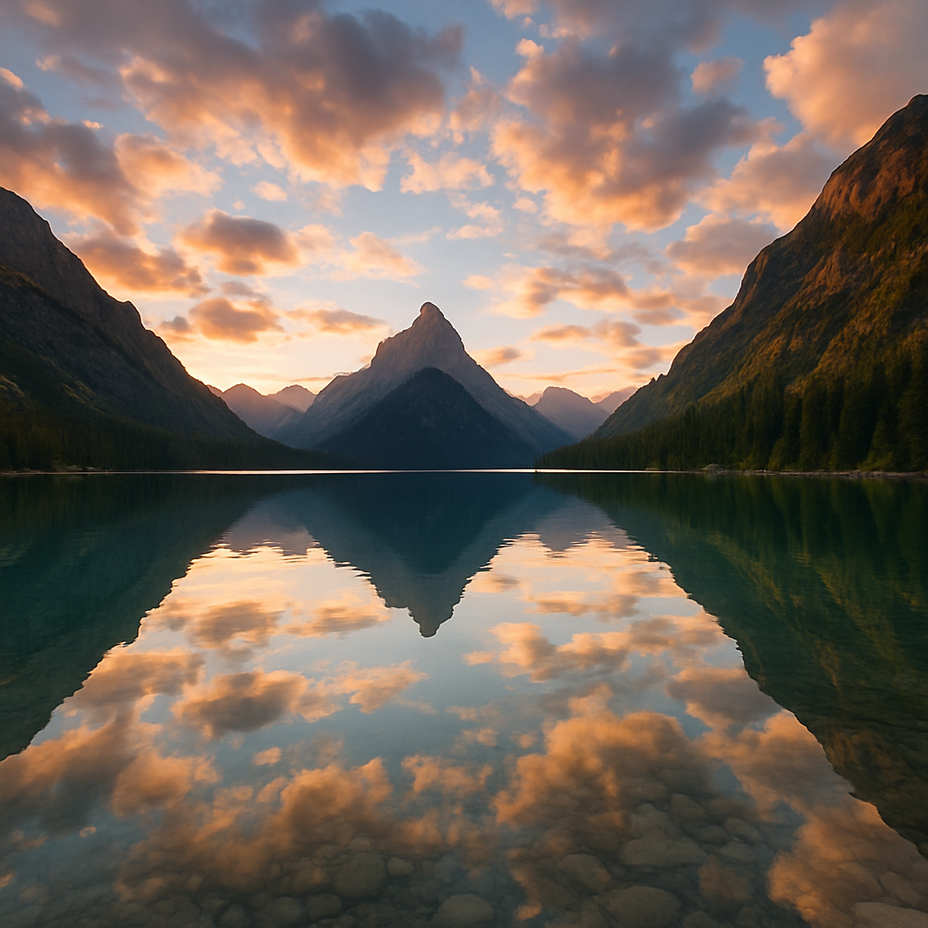 Crystal clear lake surrounded by mountains at sunrise