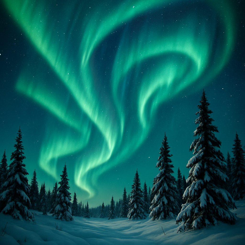 Northern lights (aurora borealis) over snowy landscape
