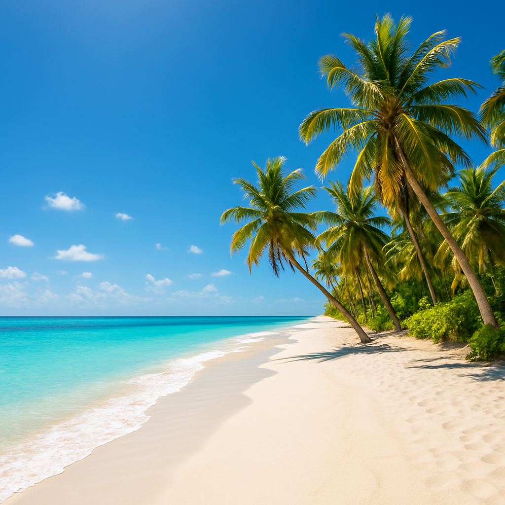Palm-fringed tropical beach with turquoise water