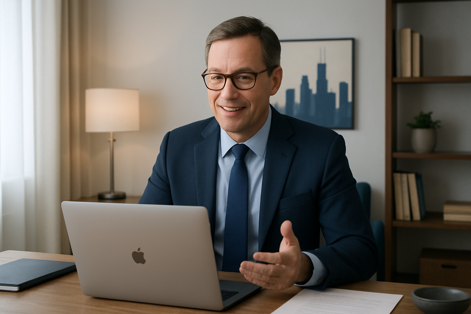 Warm, professional attorney-led virtual consultation scene with Illinois-themed accents