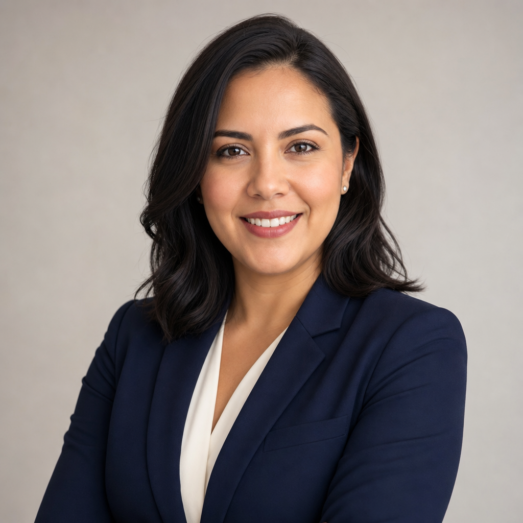 Portrait of a confident Latina founder with shoulder-length dark hair wearing a navy blazer