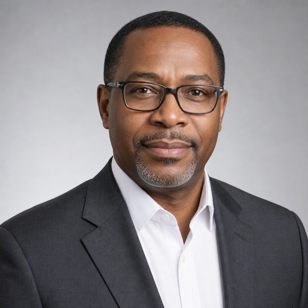 Portrait of a middle-aged Black operations director wearing glasses and a charcoal suit