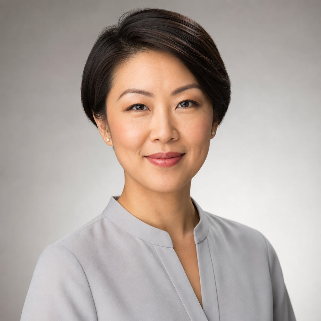 Portrait of an Asian American CFO with short hair wearing a light gray blouse