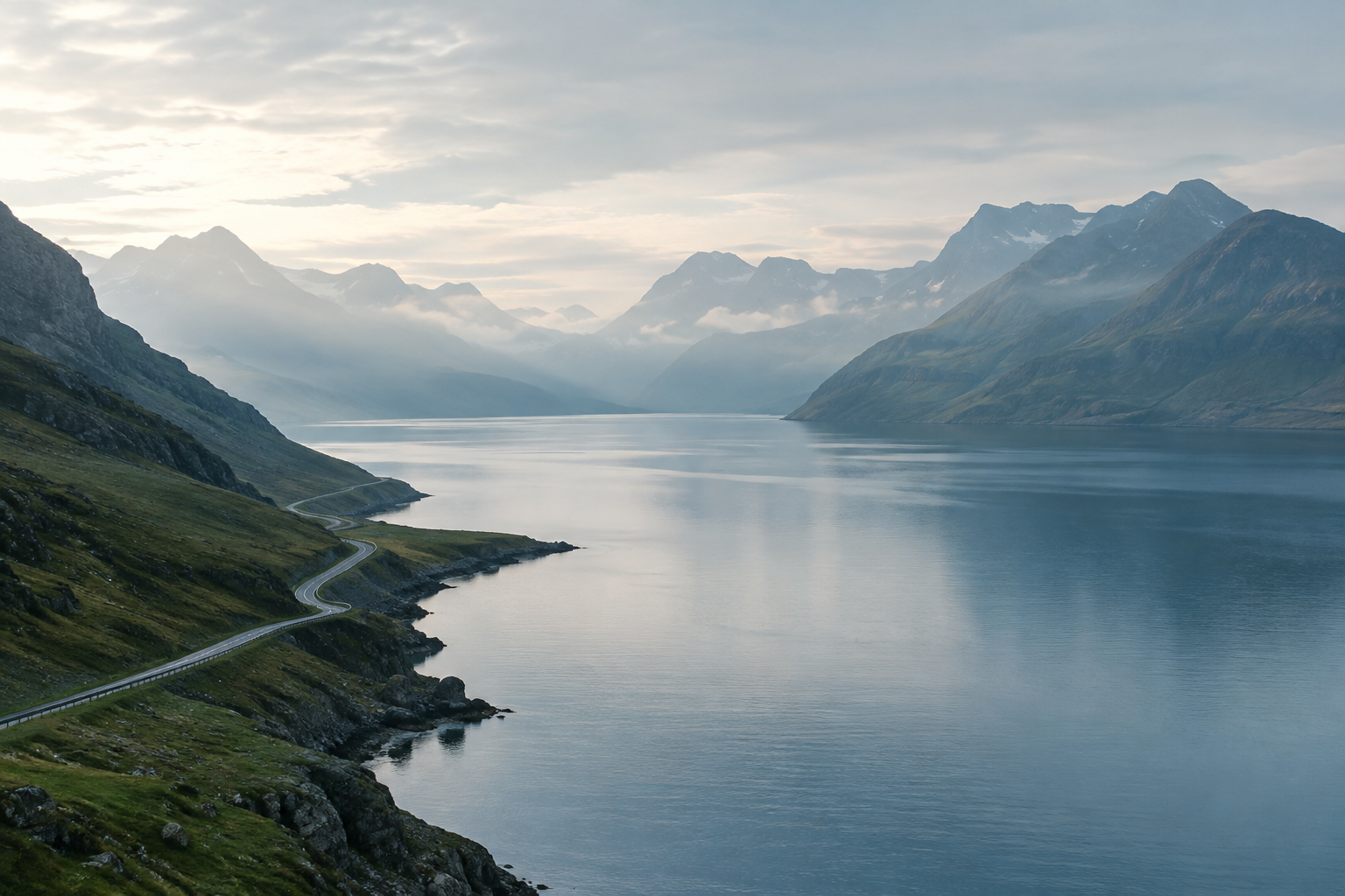 Misty Icelandic fjord beneath layered mountains, with a quiet winding road and soft early-morning light