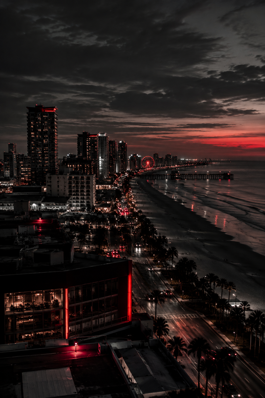 Cinematic Daytona Beach skyline at dusk with upscale entertainment-district energy, realistic dark coastal-city high-rises, layered urban lights, subtle atmospheric haze, and restrained red accent glow in a premium noir editorial finish