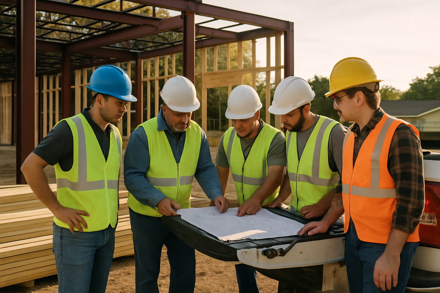 Professional construction crew in safety gear reviewing plans at an active building site in warm late-day light