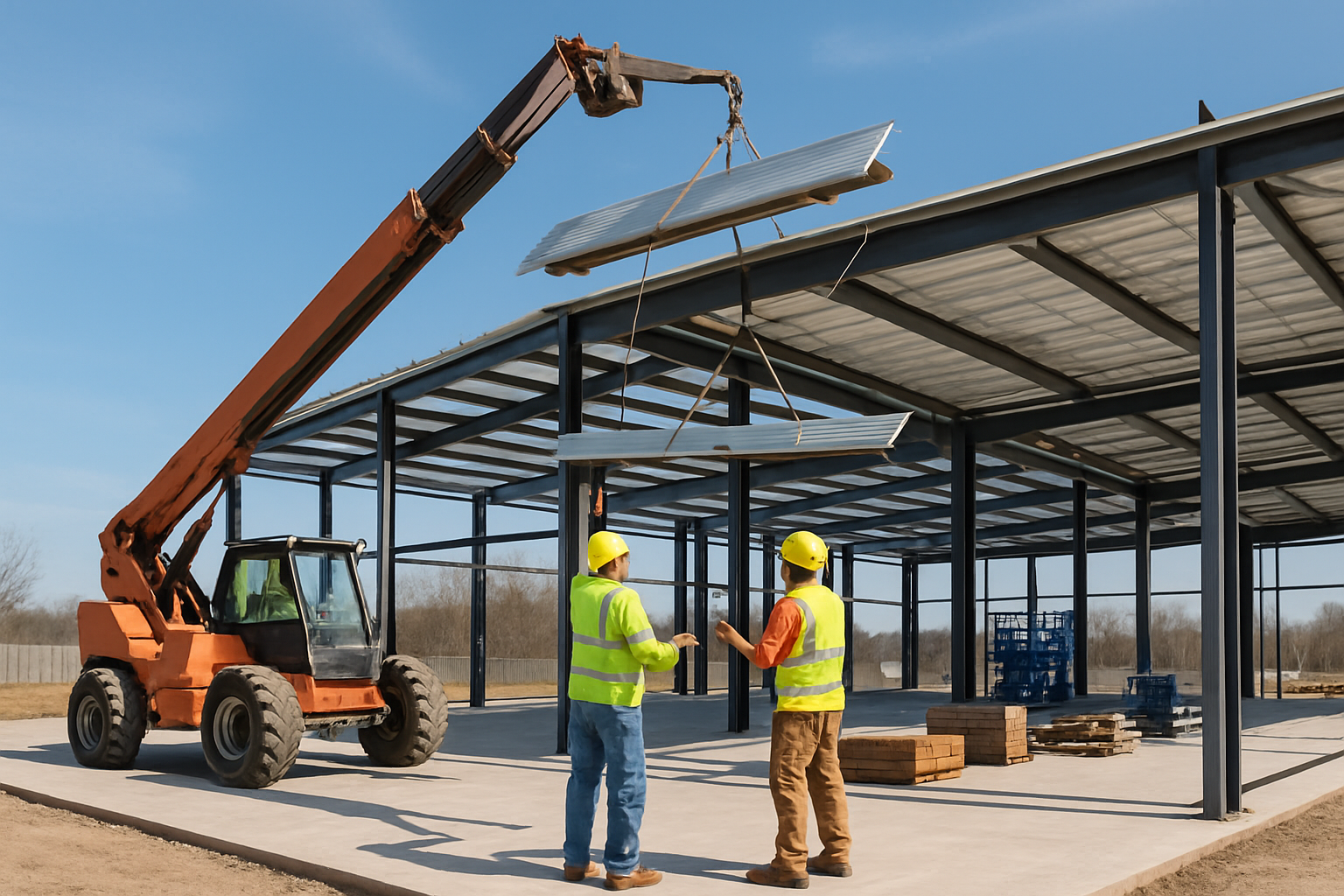 Experienced construction crew installing steel roof framing on a large commercial project with lifts, safety gear, and structured staging