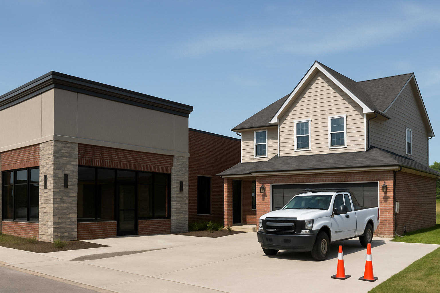 Finished commercial and residential construction project with fresh roofing, clean exterior lines, and active jobsite equipment