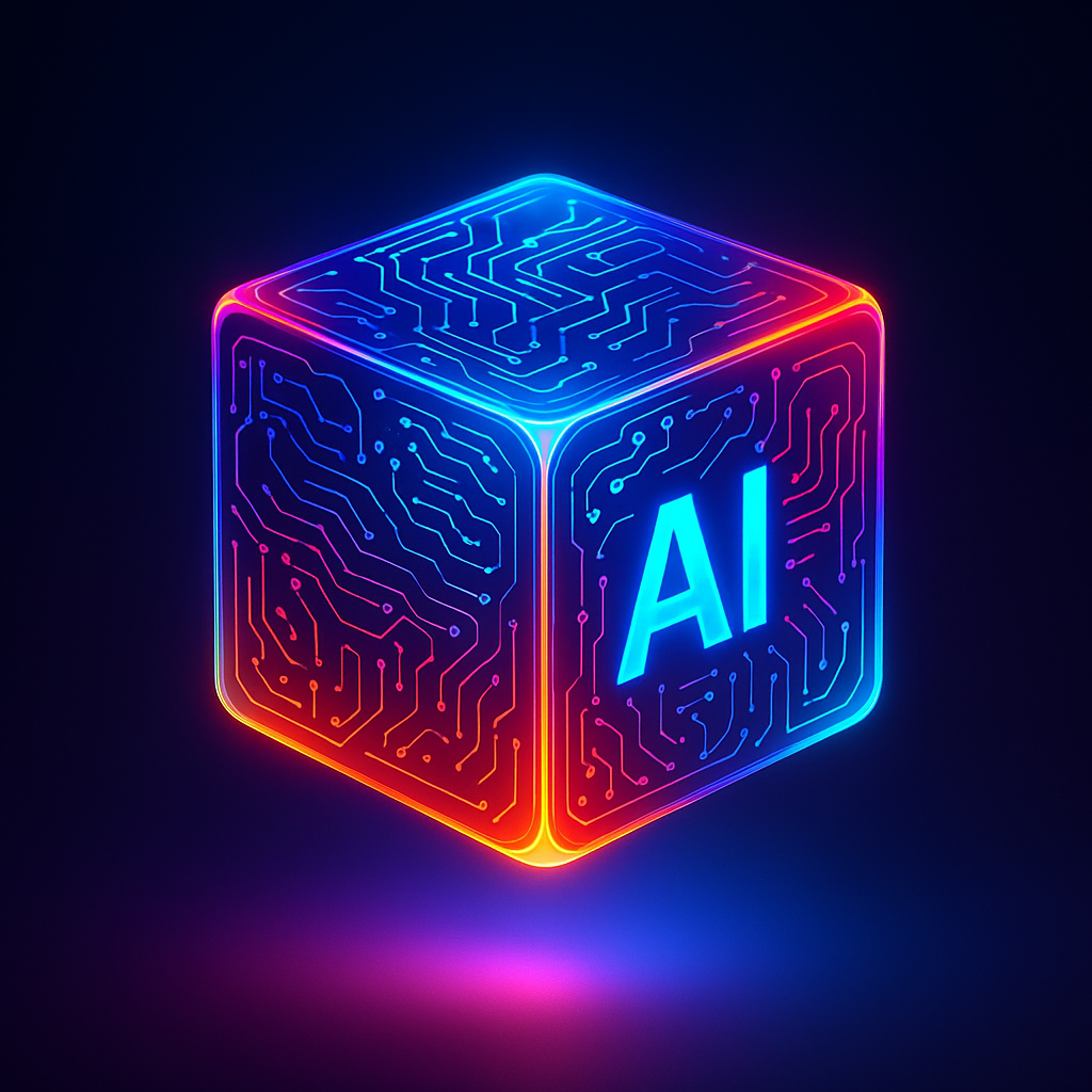 Futuristic 3D AI cube, glowing and hovering, with circuit patterns and vibrant gradients. Represents innovation and technology.