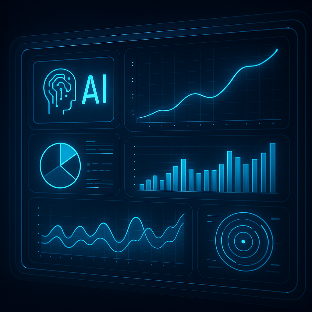 Futuristic 3D dashboard with glowing AI analytics, charts, and dynamic graphs.