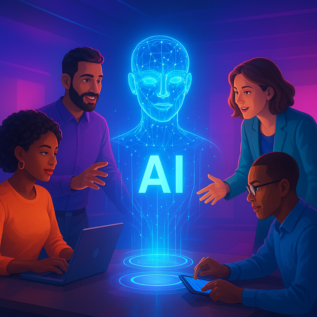 3D illustration of a diverse team collaborating with AI hologram, vibrant and high-tech.