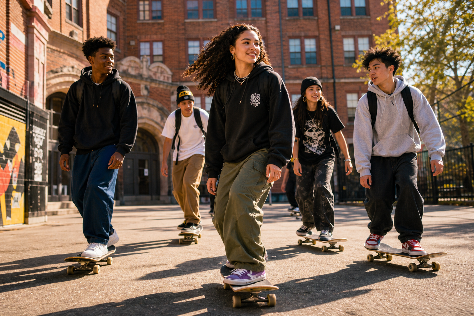 Diverse group of NYC high school skateboarders in streetwear rolling together past a school courtyard, confident and upbeat