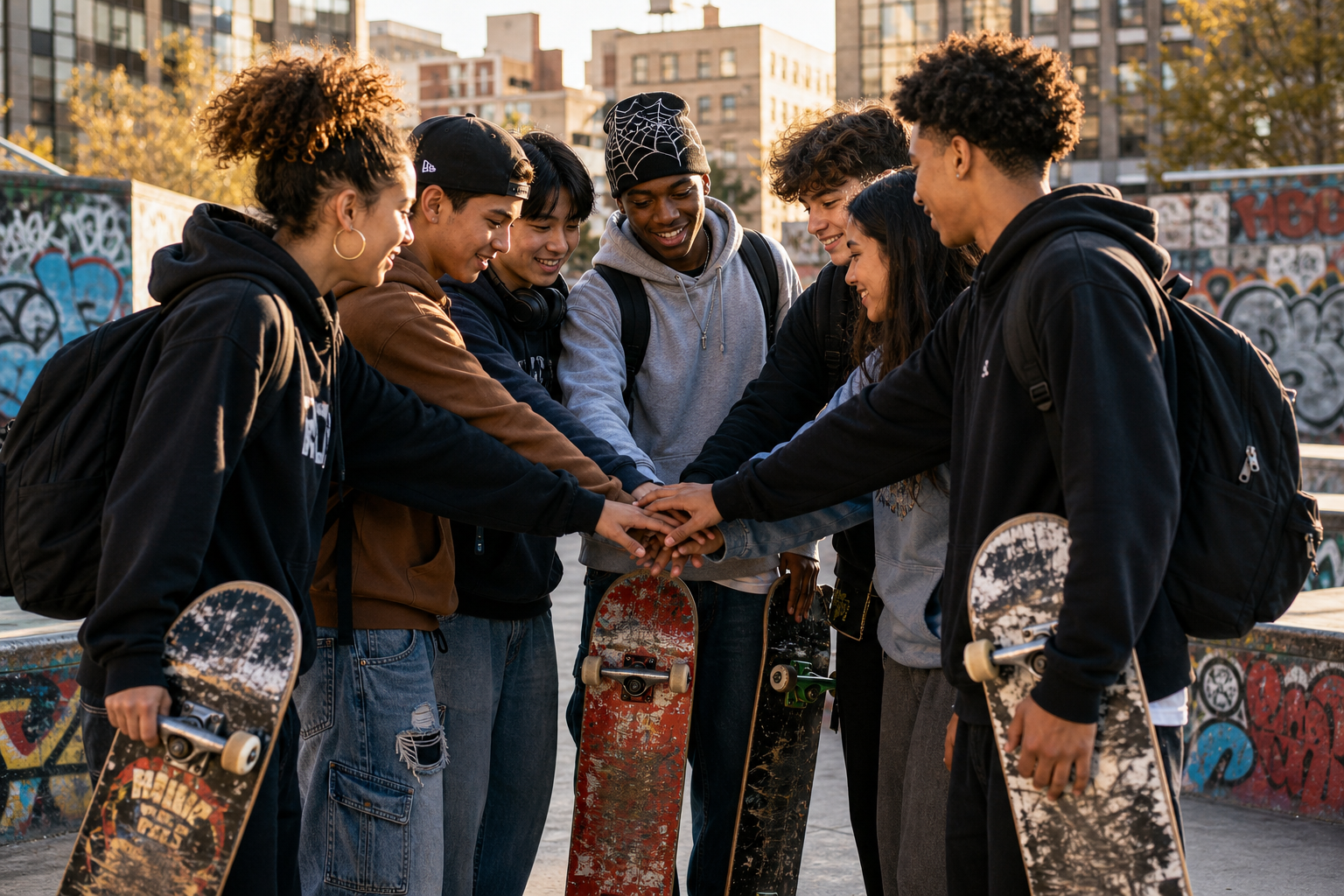Group of diverse NYC high school skaters in streetwear huddling with boards in an urban skate plaza