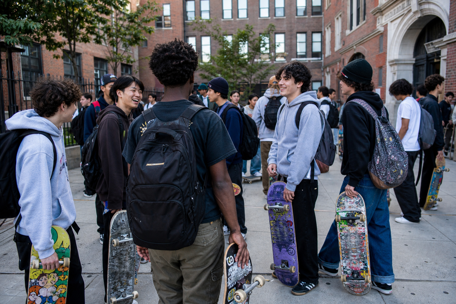 NYC high school skateboarders gathering outside a school courtyard, wearing mixed streetwear and carrying boards in bright colors