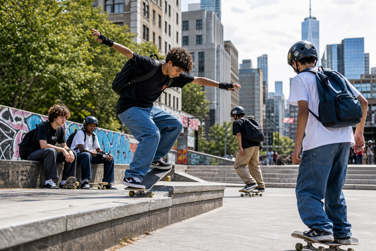 Teen skateboarders riding at an urban NYC plaza with school backpacks and protective gear