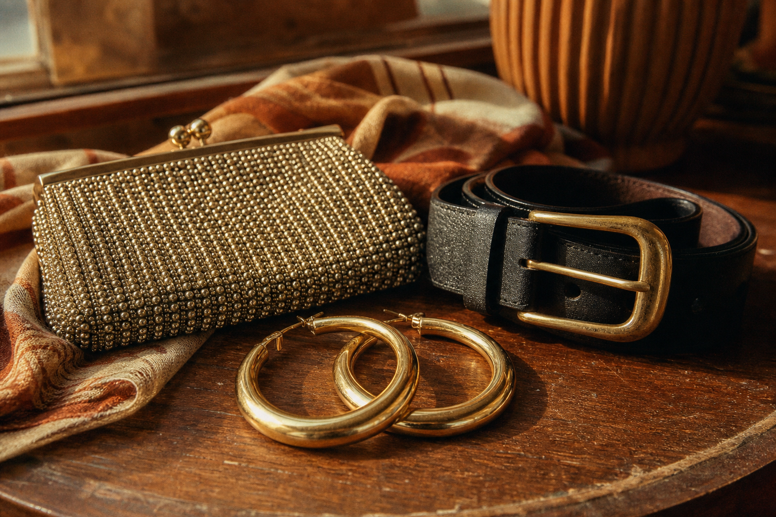 Collection of 1980s statement accessories including gold hoop earrings, a wide leather belt, and a beaded clutch