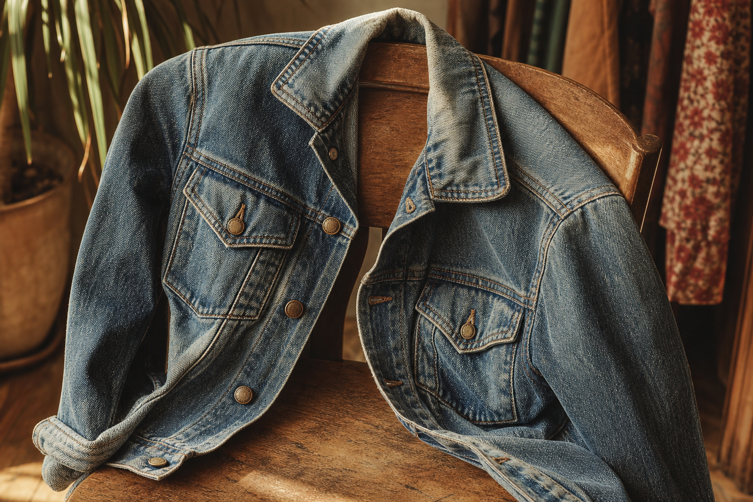 Sun-faded 1970s denim jacket draped over a wooden chair, with visible wear and brass buttons