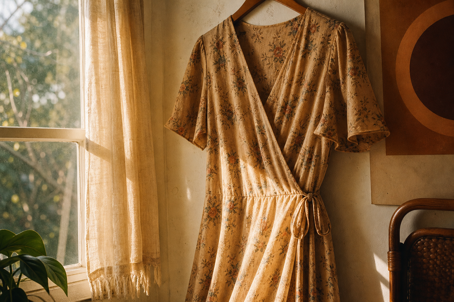 Soft tan 1970s wrap dress with a subtle floral print hanging near a sunlit window