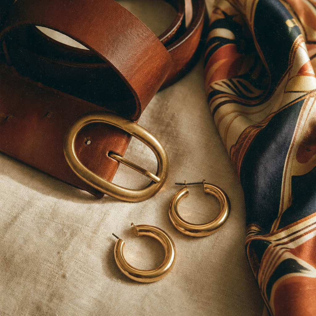 Close-up of vintage accessories on a linen surface