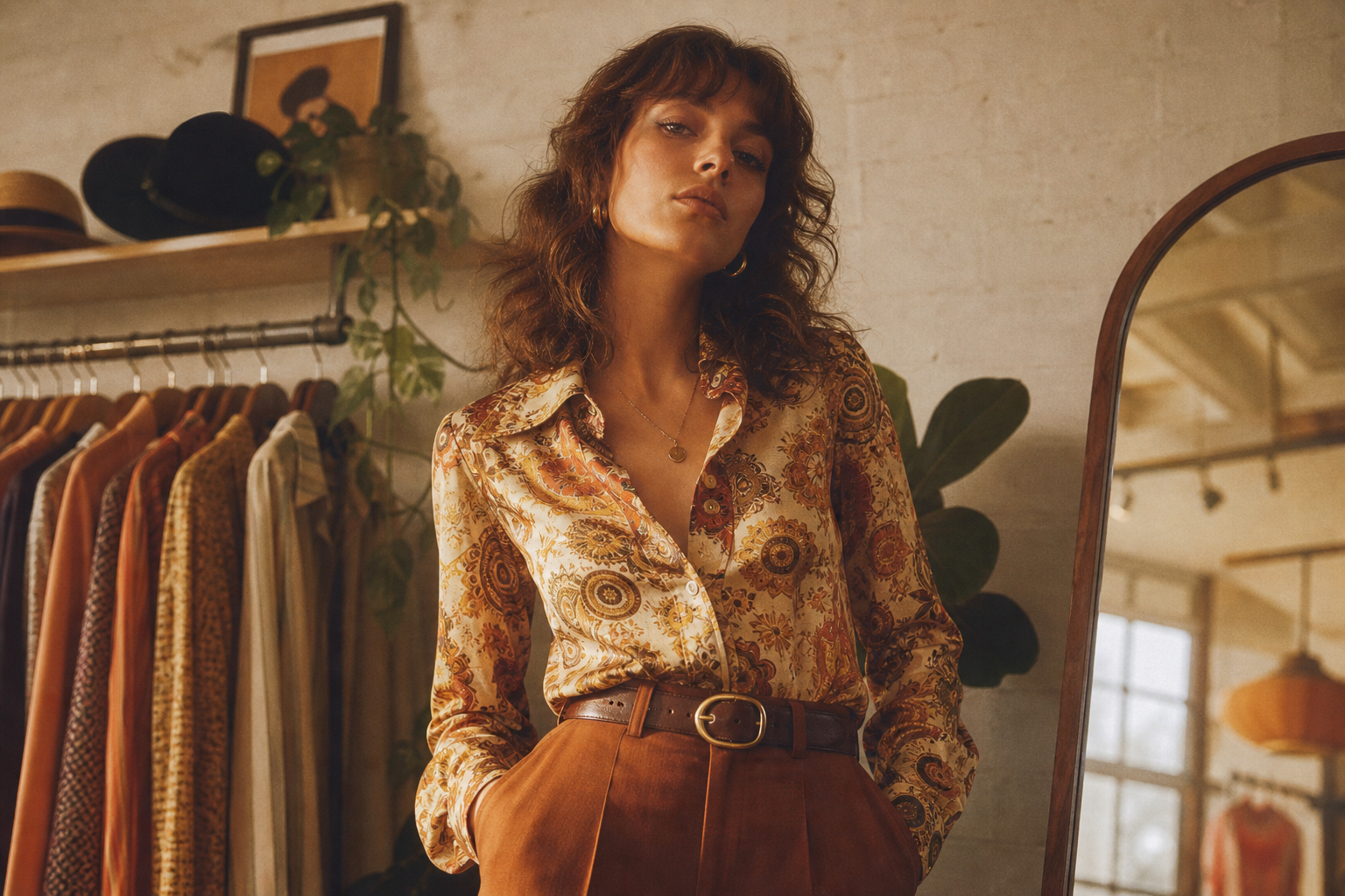 Editorial portrait of a vintage model wearing a 70s patterned blouse and high-waisted trousers