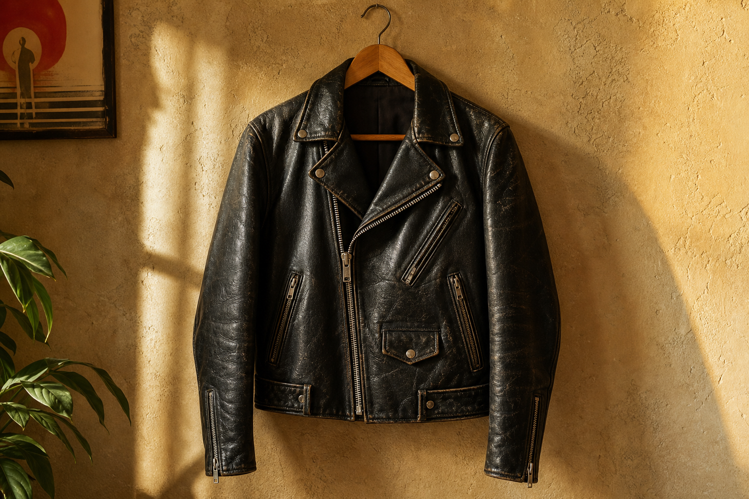 Vintage black leather moto jacket with silver zippers on a hanger against a warm textured wall
