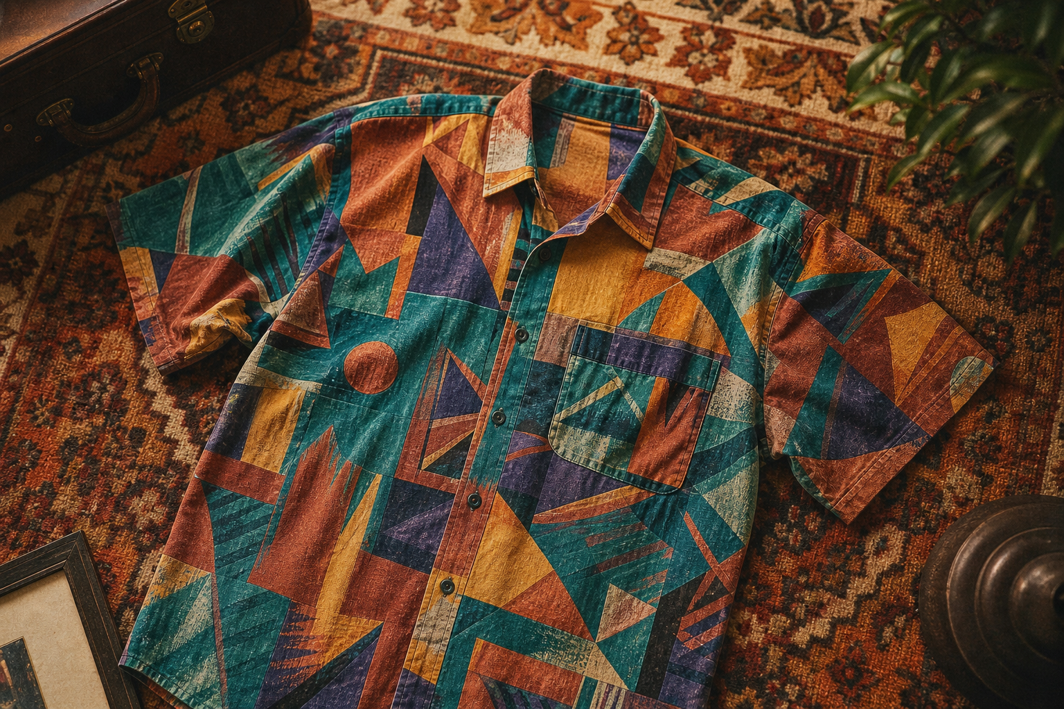 Colorful 1980s printed button-up shirt with geometric shapes laid flat on a vintage rug