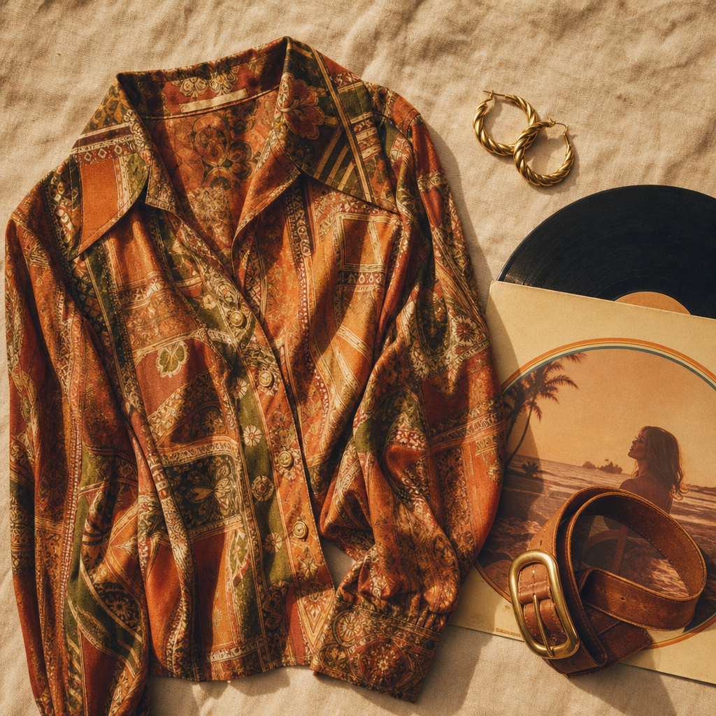 Flatlay of 70s patterned blouse, gold jewelry, and vinyl record on a textured linen surface