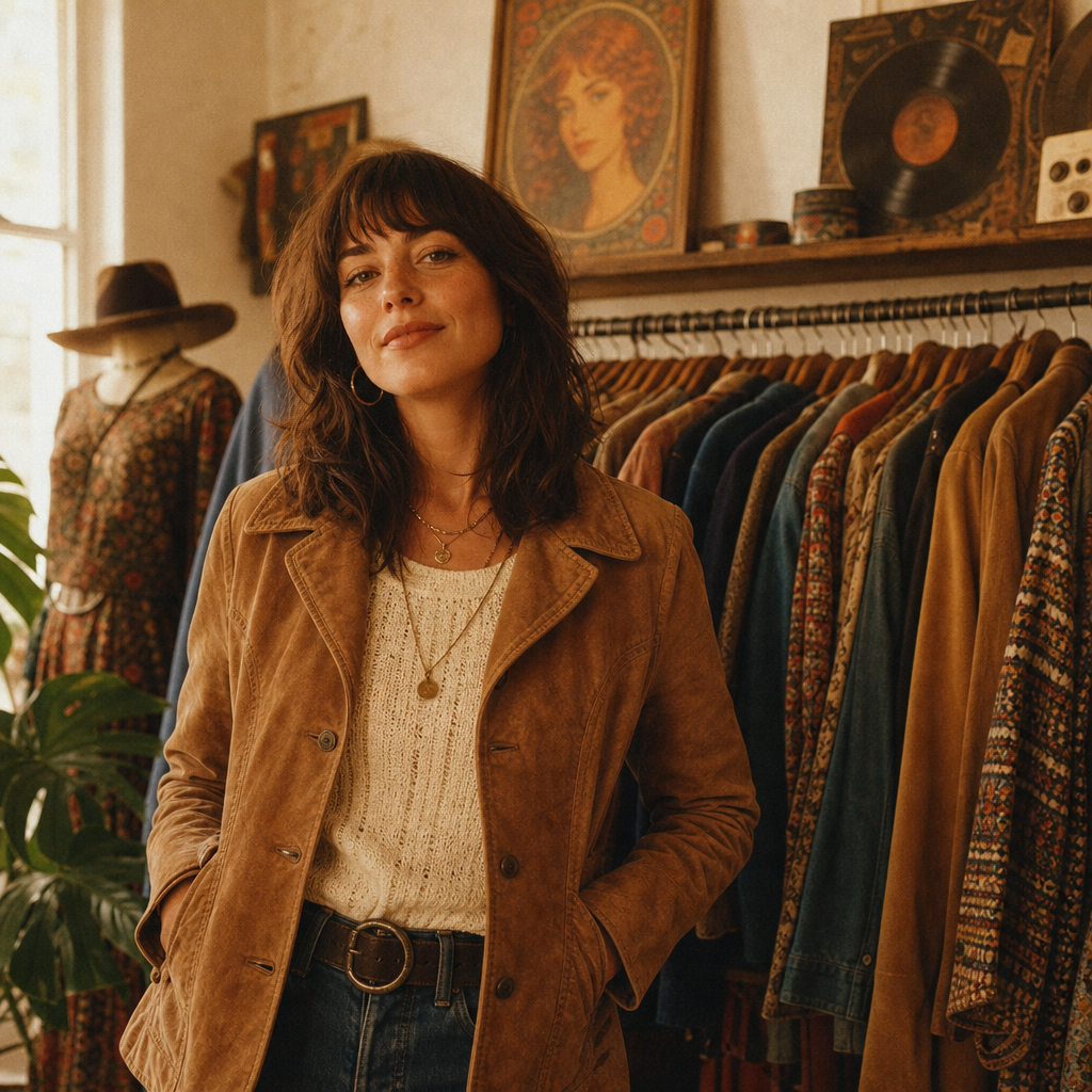 Warm film-style portrait of a vintage shop owner in a tan suede jacket, soft sunlight and retro decor behind