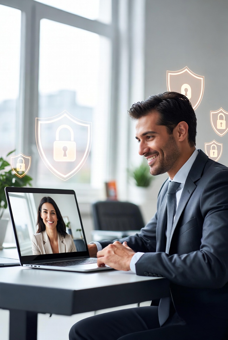 Notary professional conducting a secure remote online notarization session with a client, seated at a desk in a modern office