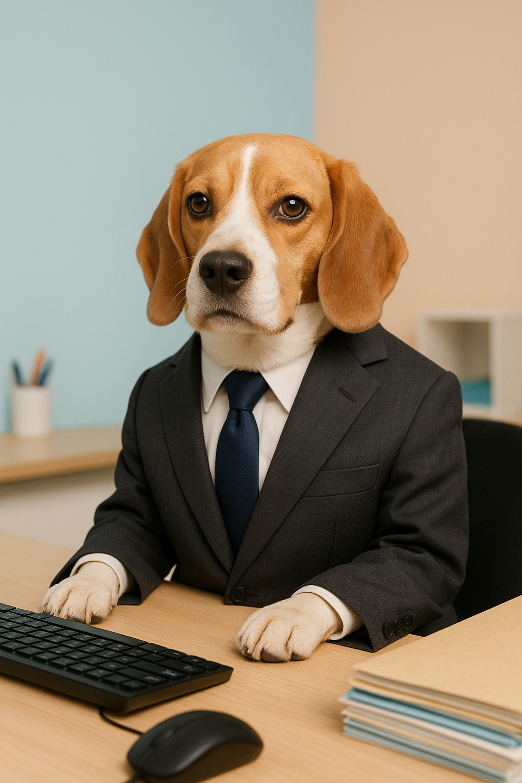 A serious but adorable Beagle in a business suit at a desk