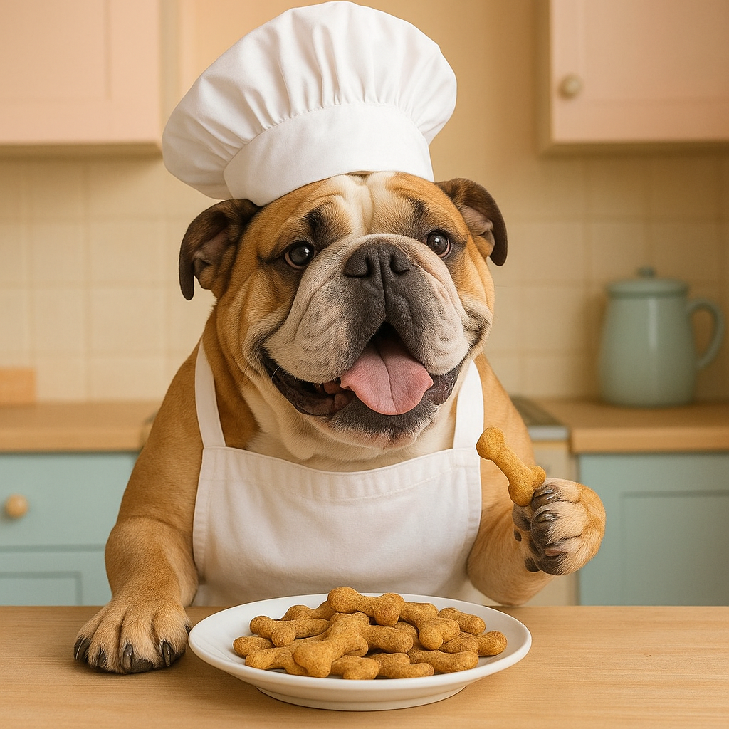 Bulldog in a chef hat and apron, ready to taste test treats as Lead Treat Tester