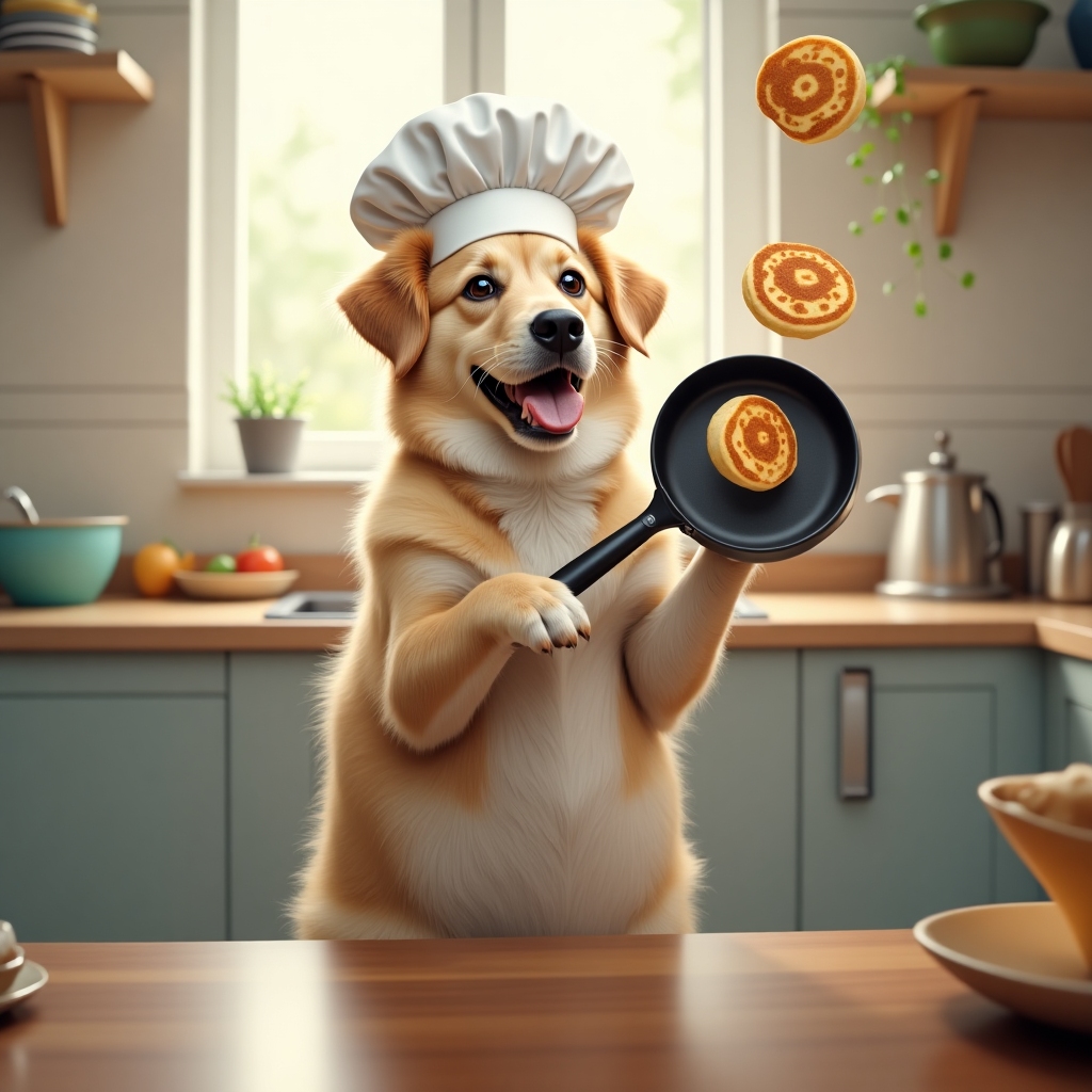 A realistic dog wearing a chef hat, standing on hind legs and expertly flipping pancakes in a pan, looking proud and focused.