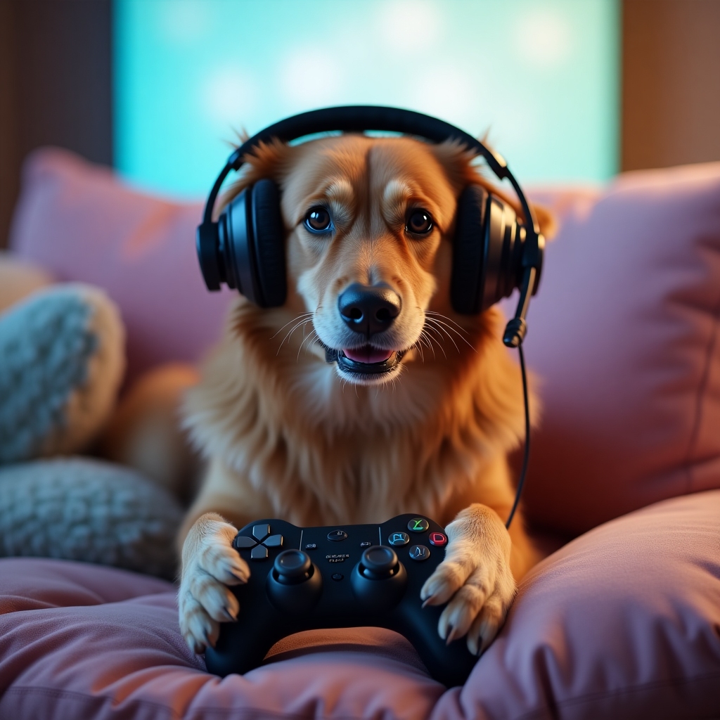 A realistic dog wearing a gaming headset, holding a game controller, sitting alert on a couch ready to play, with an intense gamer face.
