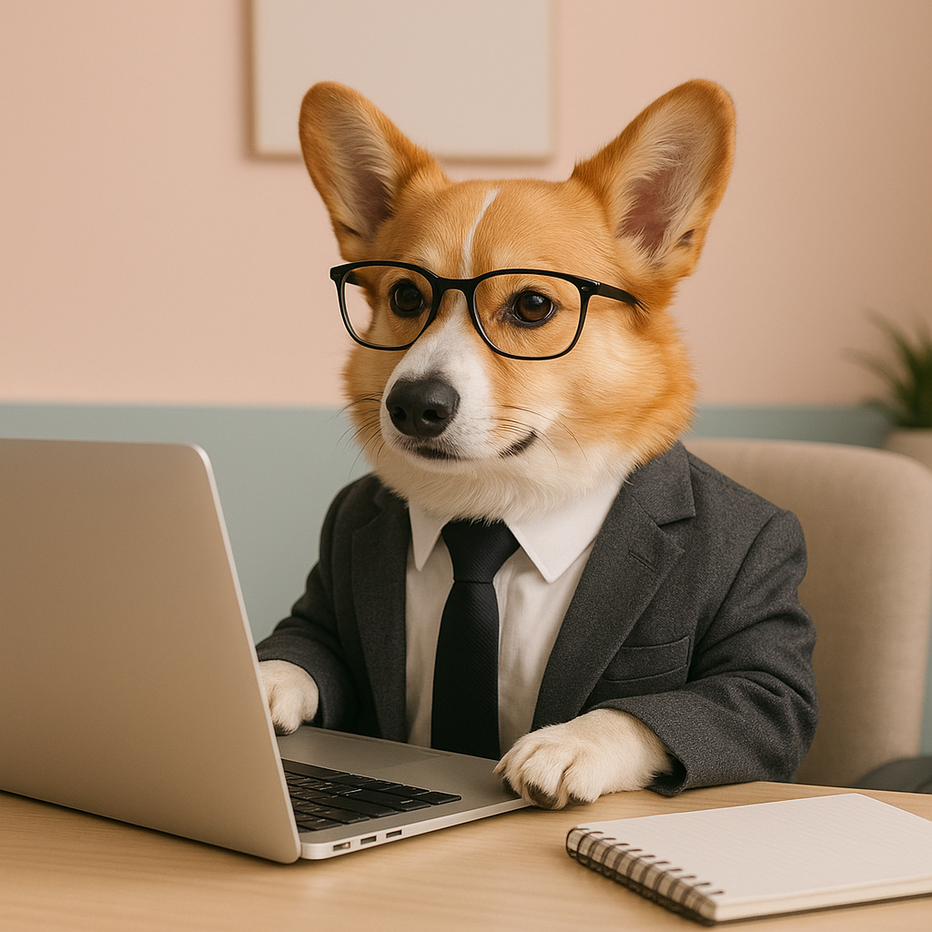 Corgi with glasses working on a laptop as Chief Barketing Officer
