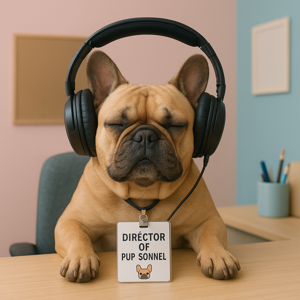 French Bulldog with headphones, supervising the office playlist as Director of Pup-sonnel