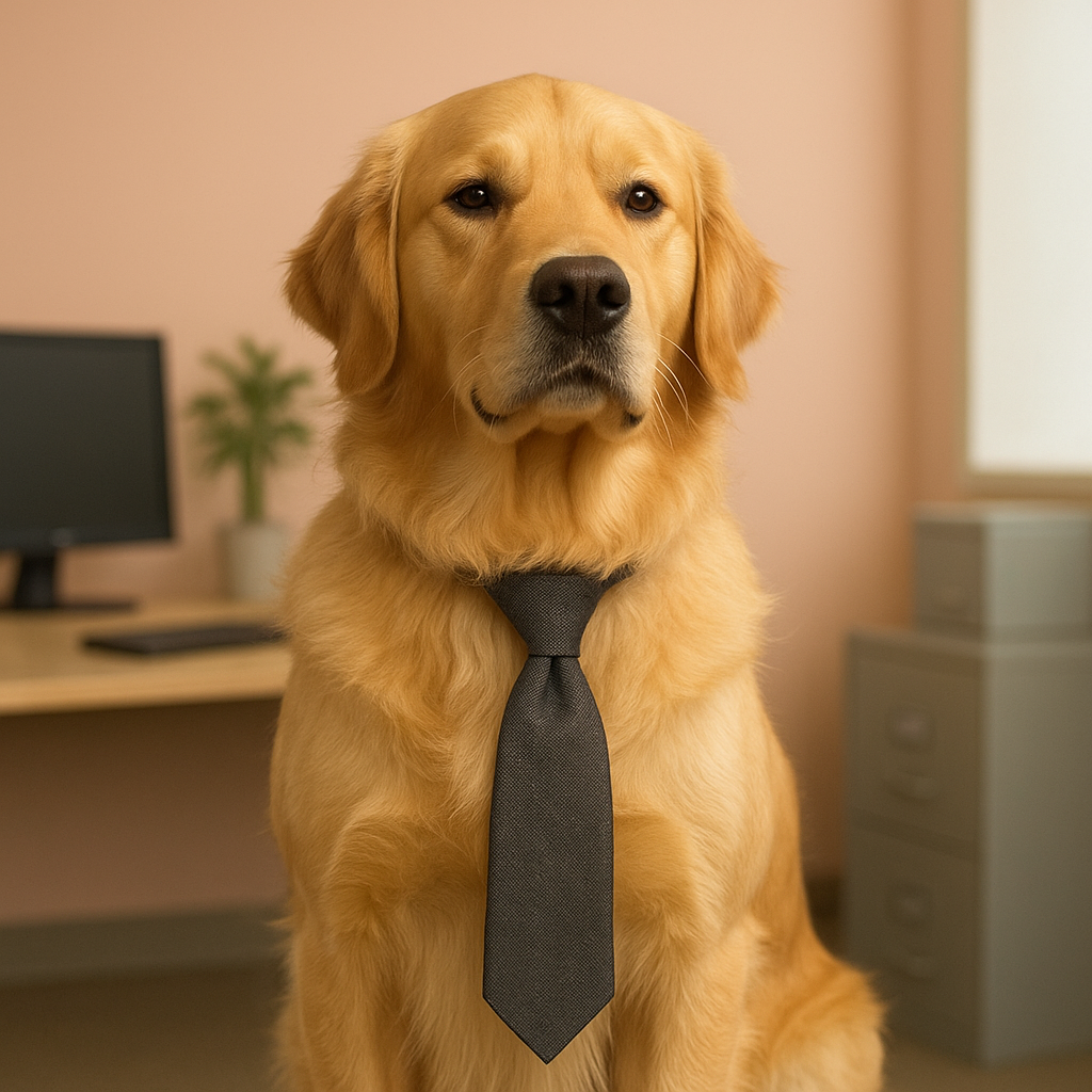 Golden Retriever wearing a tie, looking proud as the Head of Fetch Operations