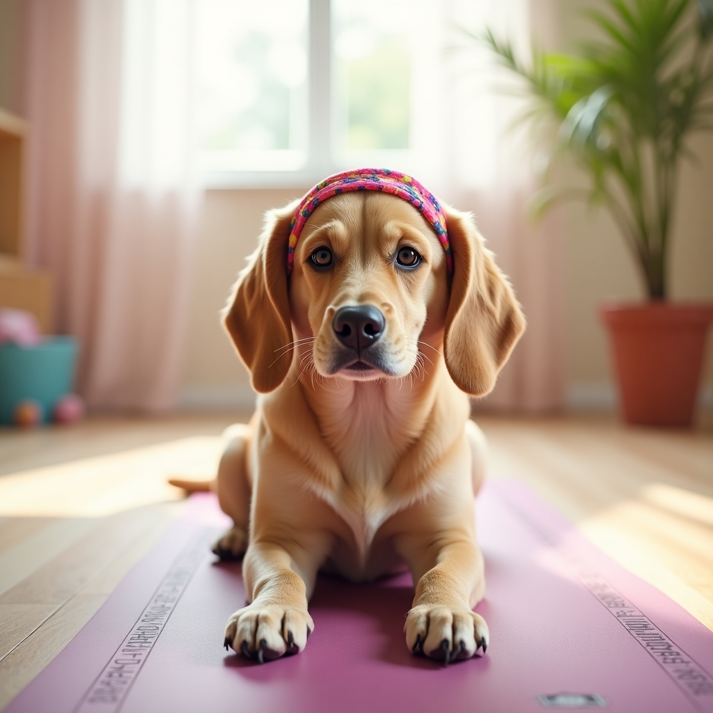 A realistic dog on a yoga mat, holding a playful yoga pose (like downward dog), wearing a headband, exuding zen and humor.
